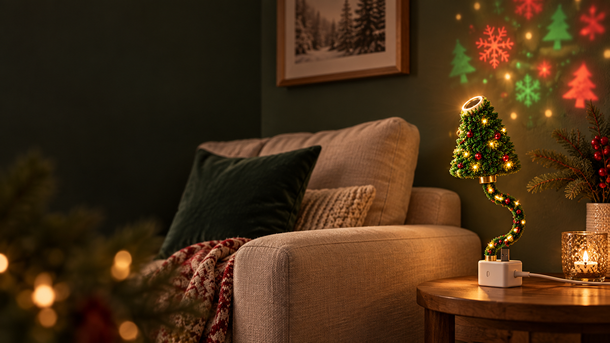 Christmas projection lamp in a cozy room